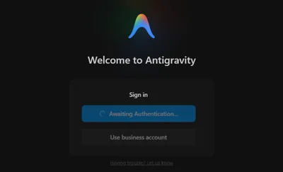 صفحه‌ی خوش‌آمدِ Antigravity با دکمه‌ی Awaiting Authentication در حالِ انتظار
