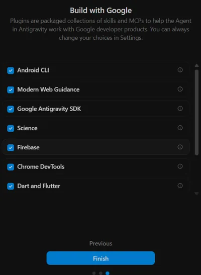 صفحه‌ی Build with Google در Antigravity با فهرستِ افزونه‌ها مثلِ Android CLI و Firebase و دکمه‌ی Finish