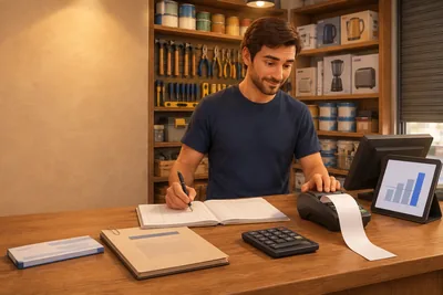 صاحب یک مغازه‌ی ابزار پشت پیشخوان، با کارتخوان، دفتر حساب و پرونده‌ی وام، اندازه‌ی وام کسب و کار را با فروش ماهانه‌اش می‌سنجد.